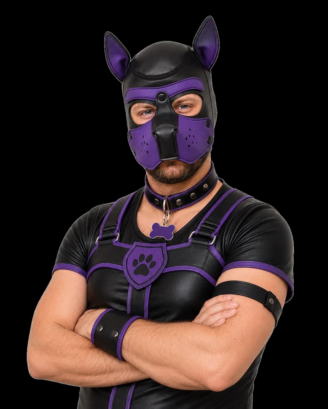 A pup Dogtag portrait in black and ultraviolet gear